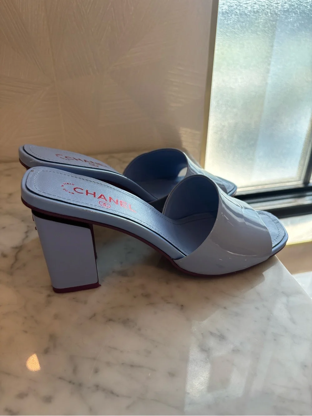 Lilac & Pink Block Heel Sandals with Logo Accent